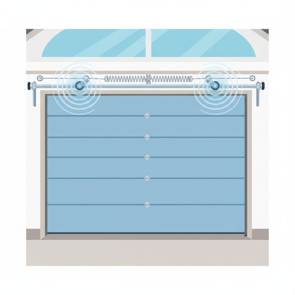 A bright and clean flat illustration of a garage door operating smoothly and silently. The door is halfway open, and all its visible components – rollers, tracks, hinges, springs – appear clean, well-maintained, and perfectly aligned. Subtle, fluid motion lines could emanate from the moving parts, indicating smooth, effortless operation rather than a jarring sound. The overall impression is one of peace and efficiency.