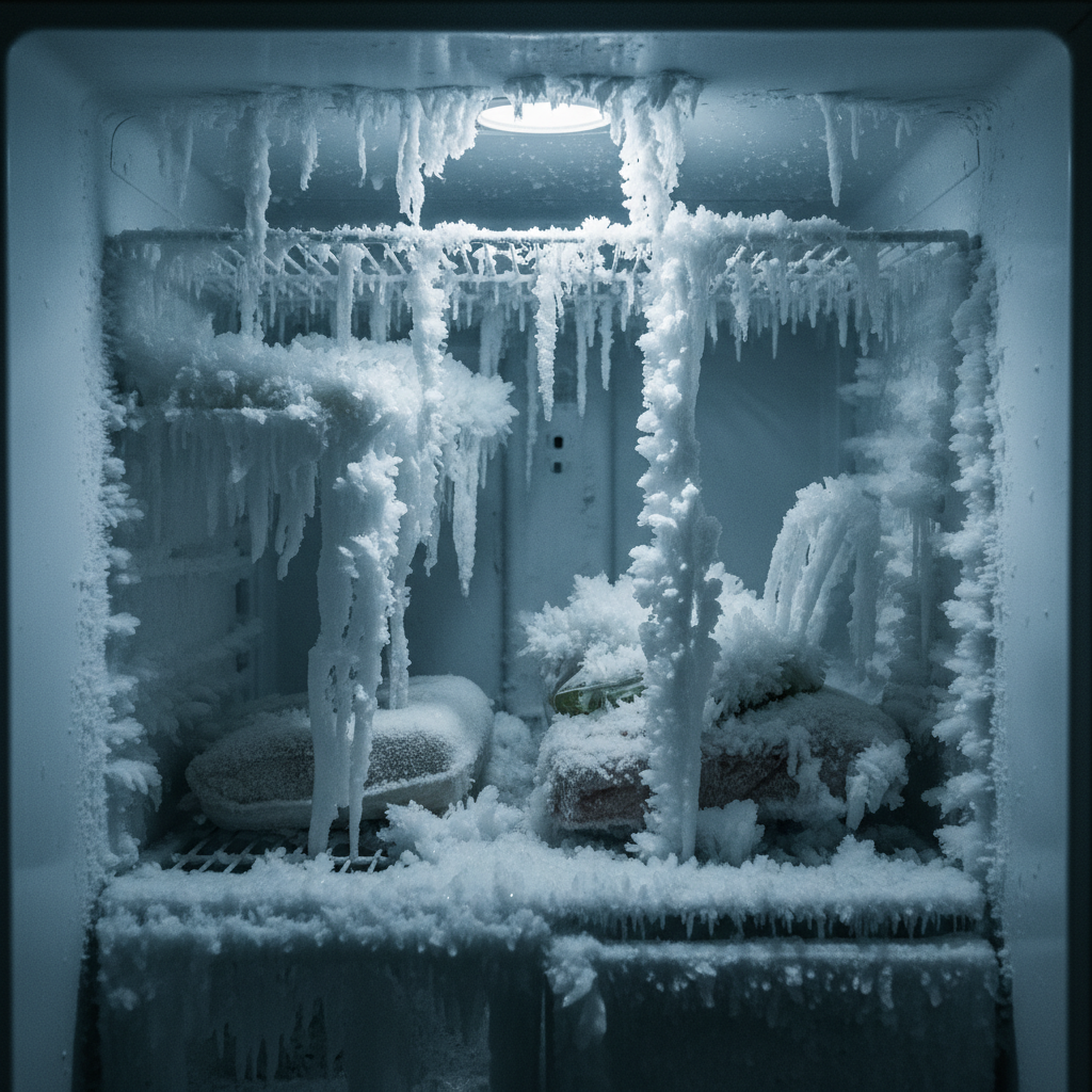 A close-up, dramatic shot of the inside of an old, heavily iced-over freezer. Thick, uneven layers of frost and ice encrust the walls and shelves, significantly reducing the usable space. A few indistinct, frost-covered food items are barely visible amongst the ice. The scene conveys a sense of inefficiency and neglect, emphasizing the need for defrosting. Professional photo with a slightly cool color palette.