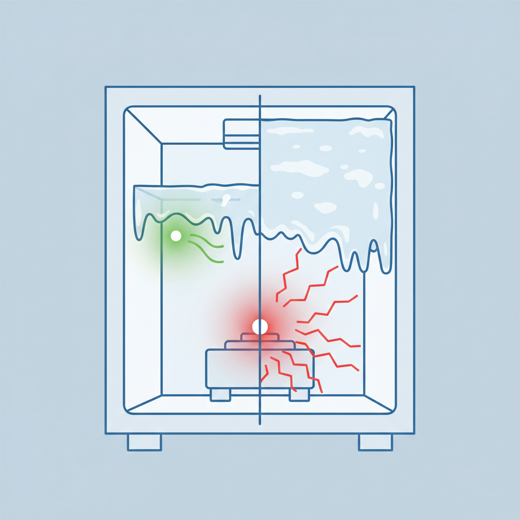 An infographic-style illustration depicting a simplified cross-section of a freezer. On one side, a thin layer of ice allows a small, subtle energy indicator (e.g., a green light or a few small, green energy waves) to represent efficiency. On the other side, a thick, prominent layer of ice is shown, with a large, more intense energy indicator (e.g., a red light or many red, agitated energy waves) emerging from the compressor area, symbolizing high energy consumption. Clean lines and a clear conceptual design.