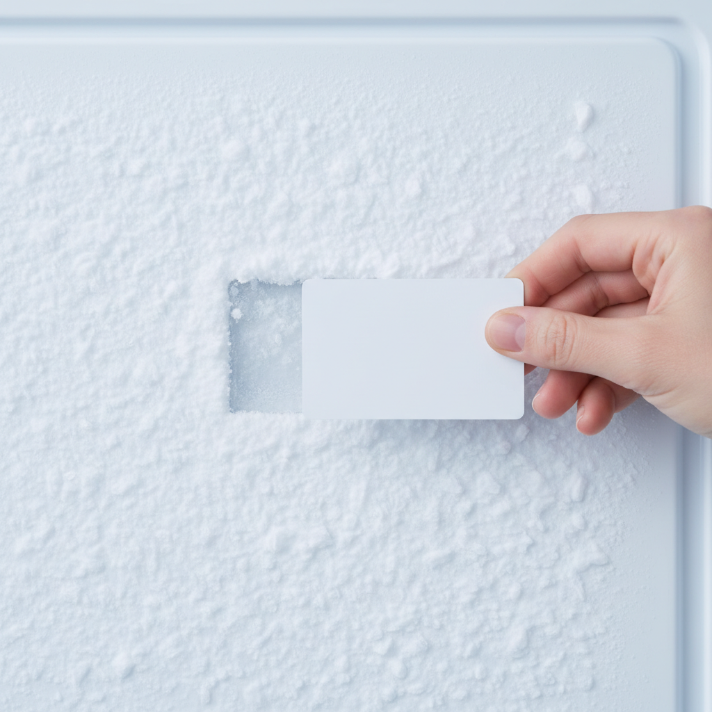 A professional, well-lit photograph showing the interior wall of a freezer with a visible, consistent layer of frost and ice. A hand gently holds a generic, unbranded plastic card (like a credit card or library card, but without any discernible text or logo) against the ice, demonstrating a thickness of approximately 0.5 to 1 centimeter. The focus is on the ice layer and the measuring gesture, making it clear when it's time to defrost. Bright, clean aesthetic.