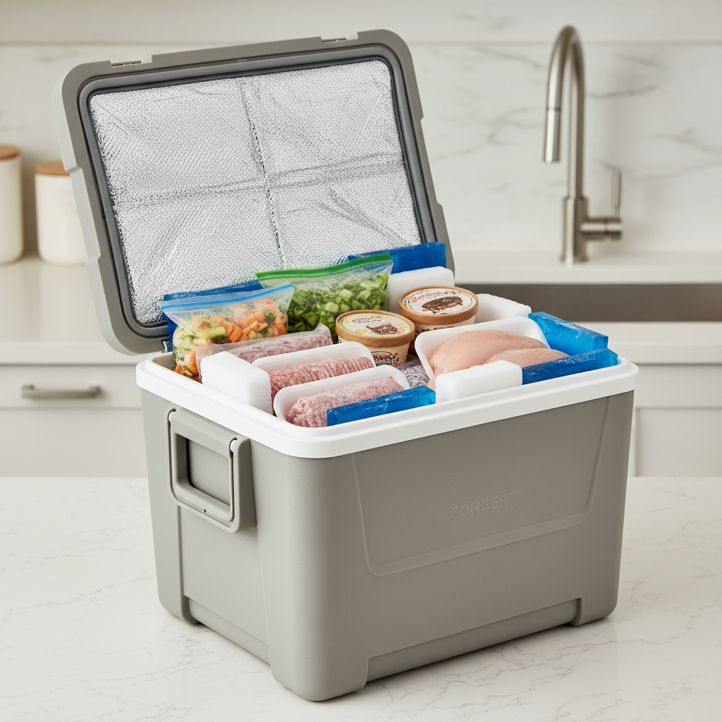 A clear, practical studio shot featuring an open, insulated cooler box. Inside, various frozen food items like bags of vegetables, meat packages, and ice cream tubs are neatly arranged. Several blue cooling packs or ice bricks are strategically placed among the food to keep it cold. The background is a clean, neutral kitchen counter, subtly out of focus, highlighting the organized contents of the cooler. Bright, functional product photography style.