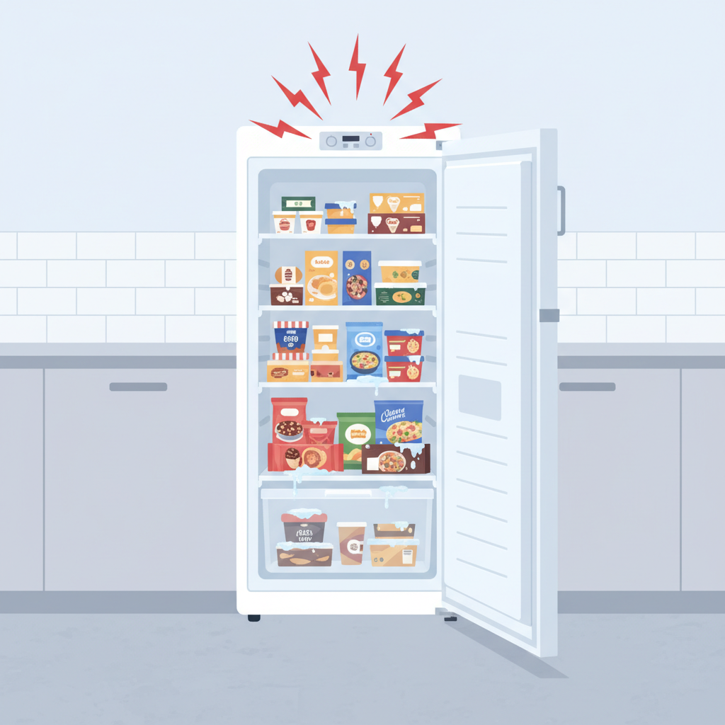 A modern, white upright freezer in a clean kitchen setting. A prominent, stylized red alarm symbol or dynamic sound wave graphic emanates from its top control panel, conveying urgency. The freezer door is slightly ajar, revealing interior shelves with various frozen food packages. Some packages subtly show condensation or slightly melted ice, hinting at a rising temperature and potential food spoilage. The overall impression is an alert to a critical issue. Professional illustration style.