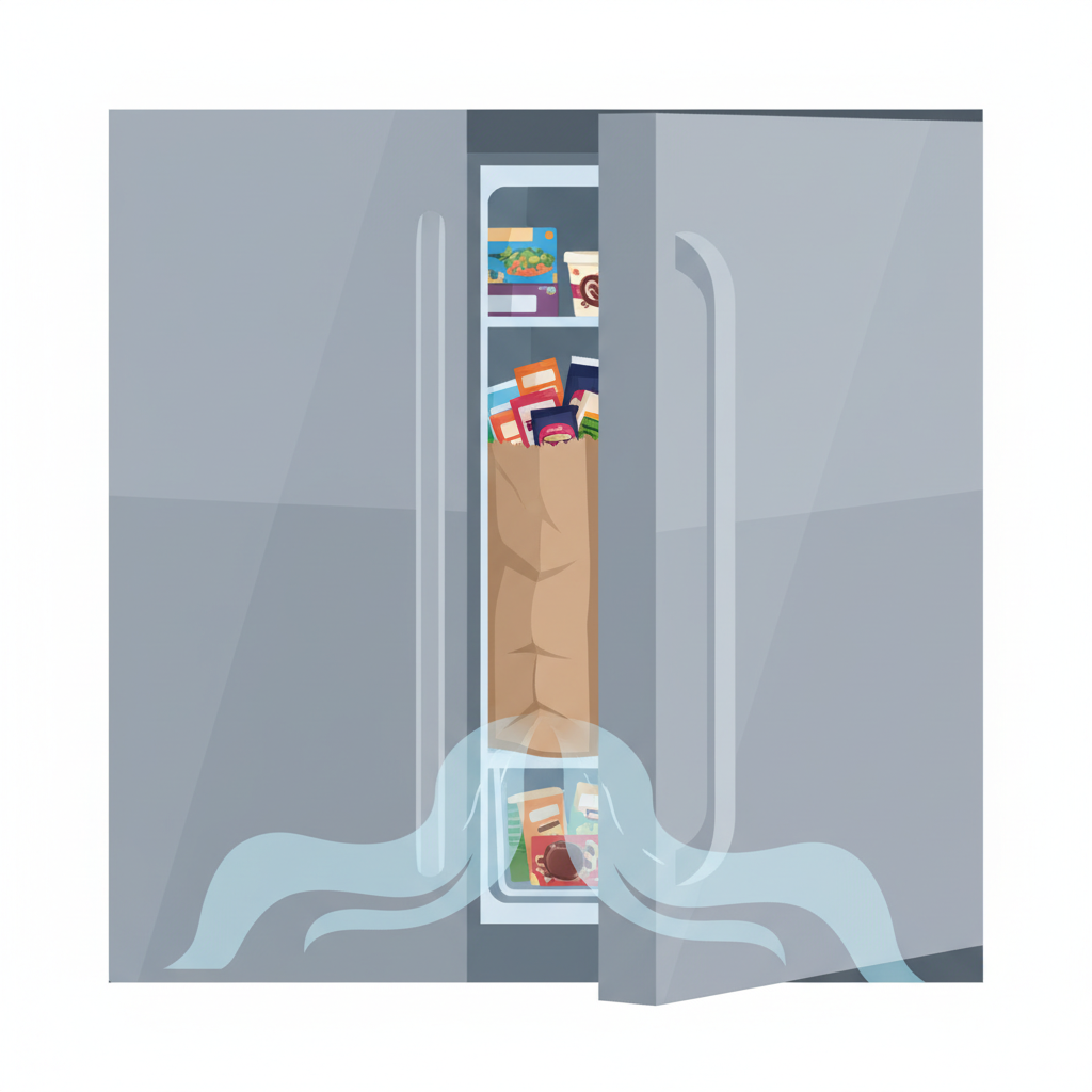 A close-up illustration of a stainless steel freezer door slightly open. A large, overflowing grocery bag or a bulky food container is positioned to subtly block the door from fully closing, creating a small gap. From this gap, a subtle cool mist or light blue 'cold air' graphic is escaping, emphasizing the temperature loss. The interior of the freezer is dimly visible, showing typical frozen items. The style is clean and domestic, resembling a flat illustration.