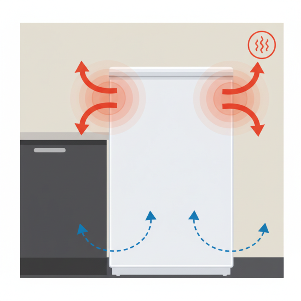 An infographic-style illustration depicting the rear of an upright freezer. Behind the appliance, a kitchen wall or cabinet is shown in close proximity, clearly restricting space. Curved, dashed arrows illustrate blocked airflow pathways around the back of the freezer, leading to a subtle red 'heat' indicator or upward-swirling warm air pattern near the top or sides of the appliance, symbolizing overheating due to poor ventilation. The style is clean and schematic.