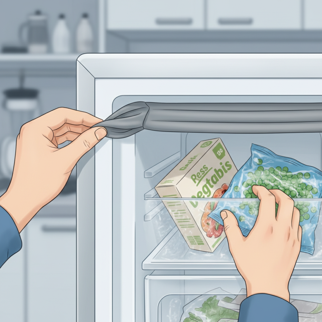 A professional, clean illustration focusing on a pair of hands inspecting a freezer door. One hand is gently pulling back a section of the grey rubber door gasket, checking for damage or dirt. The other hand is reaching inside the freezer, subtly adjusting a misplaced frozen food box or bag to ensure it is not obstructing the door's closure mechanism. The scene is practical and highlights common troubleshooting steps. Realistic yet stylized drawing.