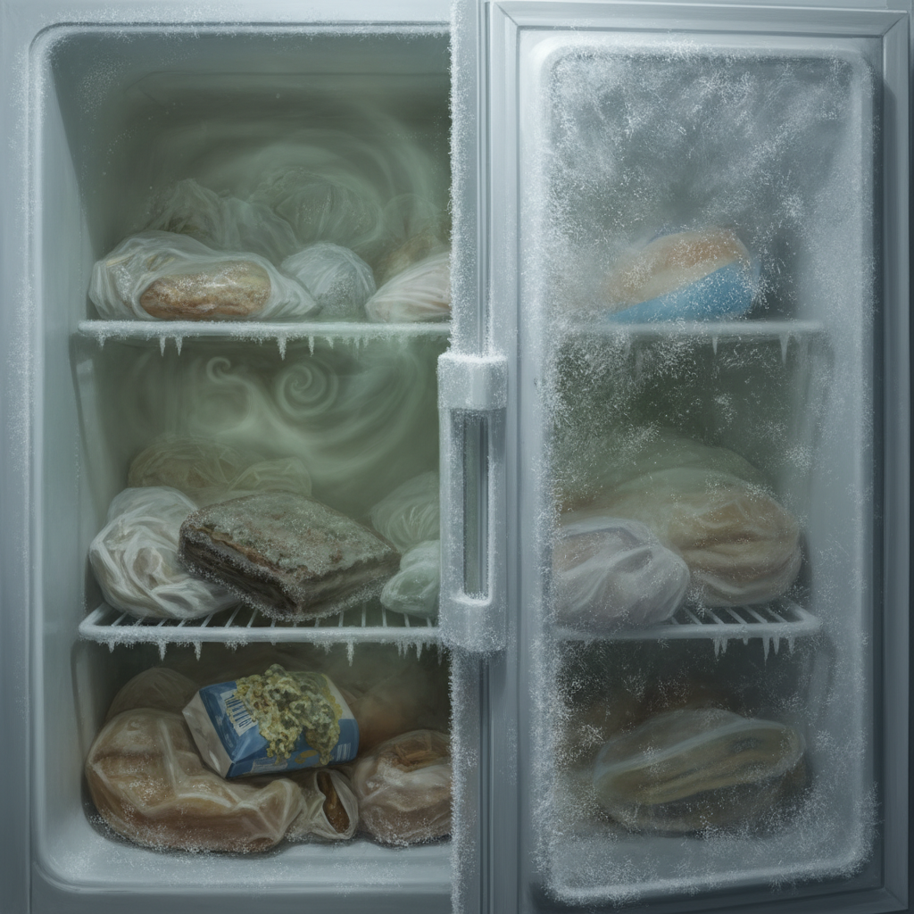 A slightly open, frosty freezer door reveals a dimly lit interior with subtle visual cues of unpleasantness. A faint, greenish-brown atmospheric haze subtly emanates from inside, suggesting a bad odor without being explicit. Several indistinctly packaged food items are visible, some appearing slightly discolored or neglected, hinting at spoilage. The overall impression is one of neglect and unhygiene, prior to cleaning. Style: Realistic digital painting with a slightly muted, cool color palette, emphasizing a sense of staleness.