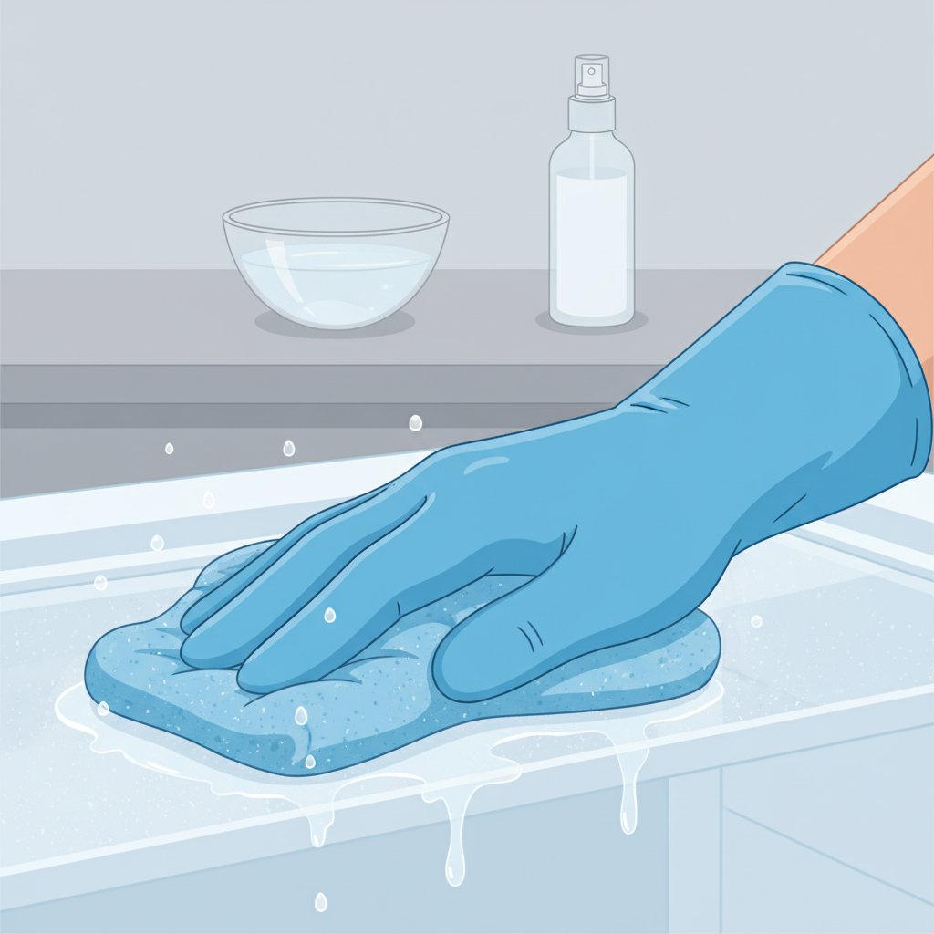 A close-up shot focuses on a gloved hand holding a damp, clean cloth or sponge, actively wiping down the sparkling clean interior wall or a shelf of a freezer. Droplets of clear liquid (symbolizing vinegar solution) are visible on the cloth and the surface. In the background, slightly out of focus, a small, clean bowl or spray bottle filled with a clear liquid rests on a countertop. Style: Vibrant, clean vector illustration with crisp lines and a modern aesthetic, emphasizing the act of thorough, hygienic cleaning.
