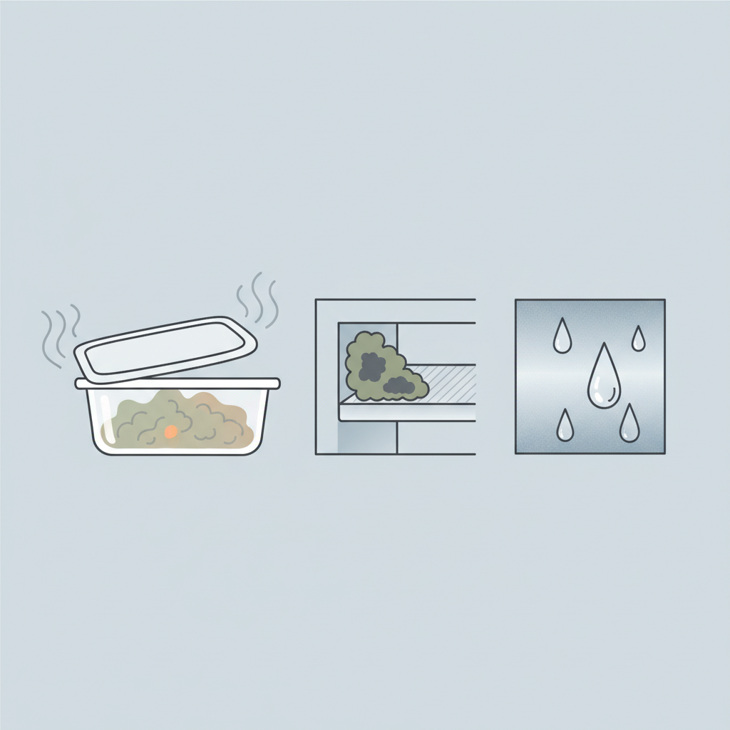 An infographic-style illustration depicting various common causes of freezer odor. The composition includes a slightly ajar, forgotten plastic container with an indistinct, slightly discolored food item within, radiating subtle symbolic wavy lines of odor. Adjacent to it, a small patch of fuzzy, green-grey mold is subtly forming in a corner. Finally, several condensation droplets are shown on a cool, metallic surface, representing excessive moisture. Style: Flat, minimalist vector illustration with clear, crisp lines and a slightly desaturated color palette, using symbolic elements to represent the causes.