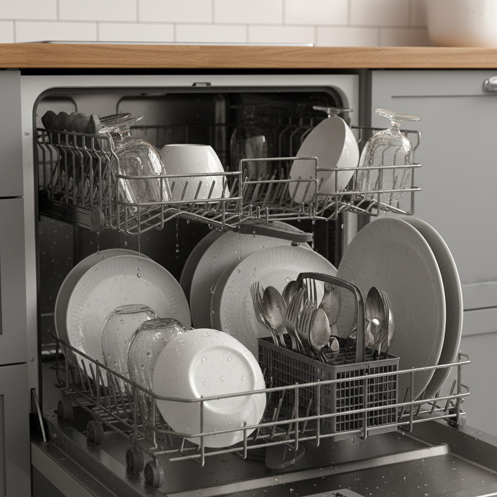 A professional, well-lit photo of the interior of an open dishwasher. The racks are filled with various types of kitchenware – plates, glasses, and cutlery. Each item has visible water droplets, streaks, and small puddles, clearly indicating they are still wet and not properly dried. The scene should evoke a sense of disappointment and the need for manual drying. Focus on the dampness and water marks on the dishes.
