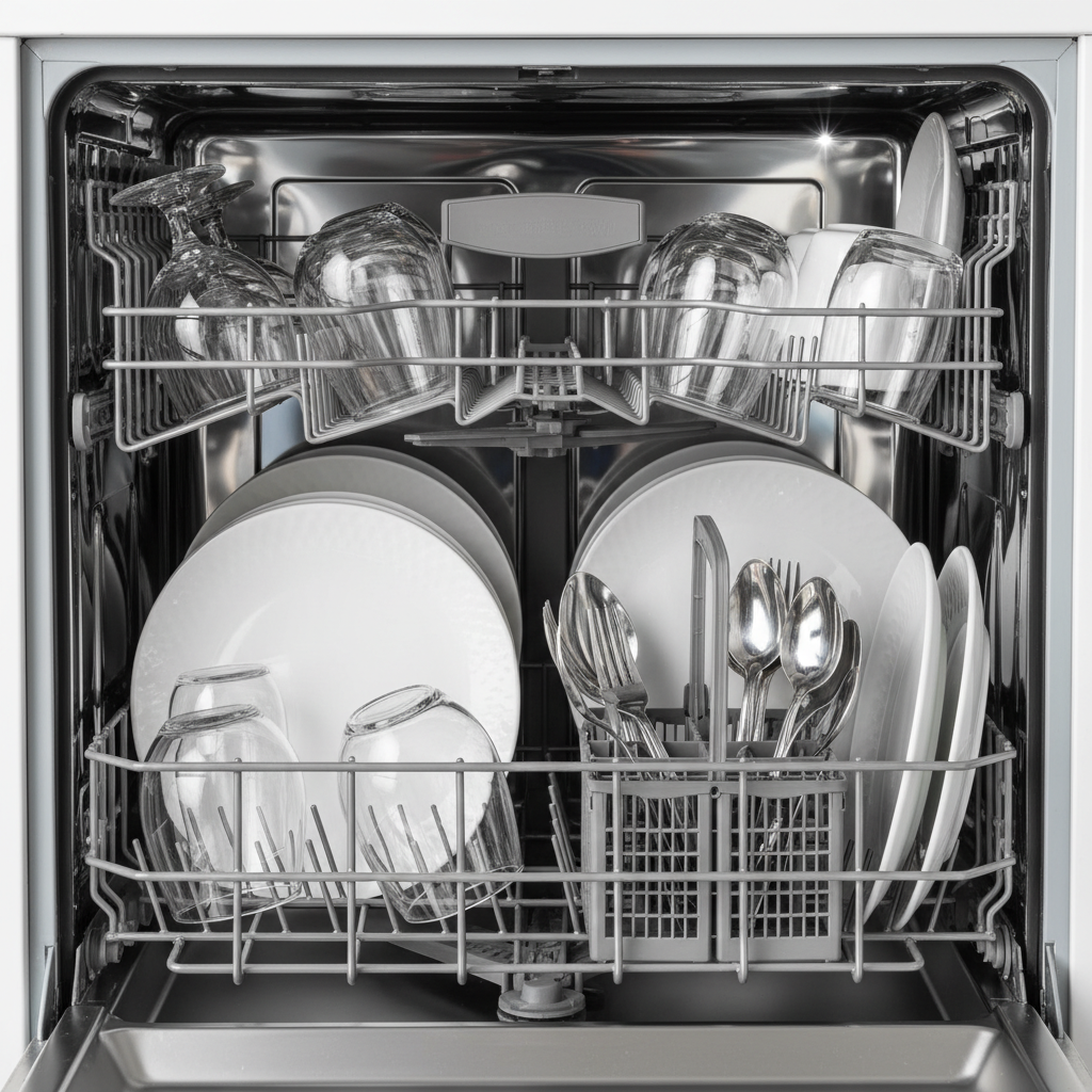 A contrasting professional photo of the interior of the same open dishwasher. This time, the dishes, glasses, and cutlery on the racks are perfectly sparkling, completely dry, and spotless. The surfaces reflect light beautifully, conveying a sense of cleanliness, efficiency, and satisfaction. The composition is bright and inviting, showcasing the desired end result of a properly functioning dishwasher.