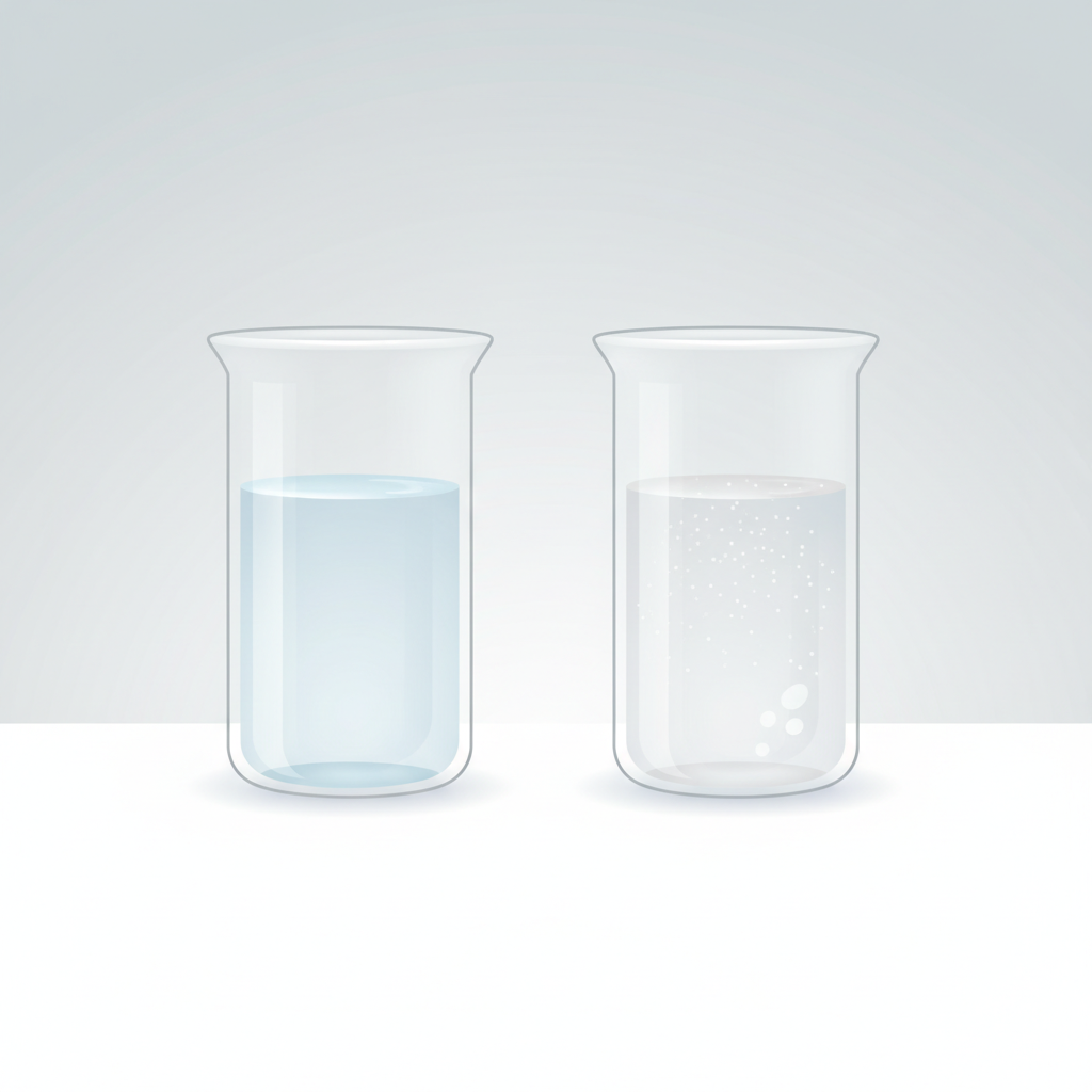 A clear, educational flat illustration depicting two transparent glass beakers side-by-side. The first beaker contains perfectly clear, pristine water, visually implying 'soft water' through its clean appearance. The second beaker contains water that shows subtle visual cues of dissolved minerals, such as faint cloudiness or tiny, sparkling particles, implying 'hard water'. There should be no text or explicit labels, only visual differentiation between the two states of water. The background is clean and minimalistic.