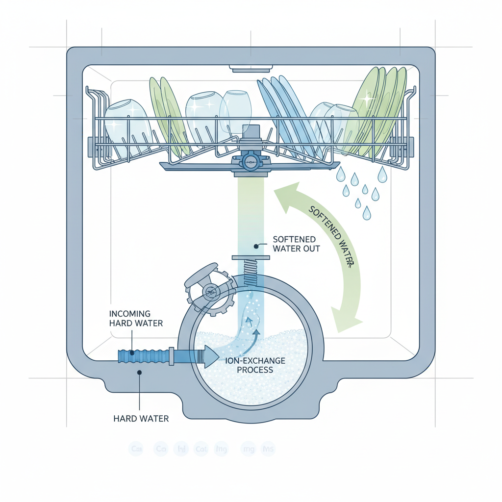 A detailed, technical infographic style illustration focusing on the interior mechanism of a dishwasher related to water softening. Show the salt reservoir at the bottom of the dishwasher, perhaps with stylized granules inside. Illustrate an invisible process where salt interacts with incoming water, depicted by subtle color changes or a flow arrow indicating the transformation of hard water into softened water, leading to cleaner dish surfaces. The emphasis is on the mechanical and chemical action without showing actual harsh chemicals.