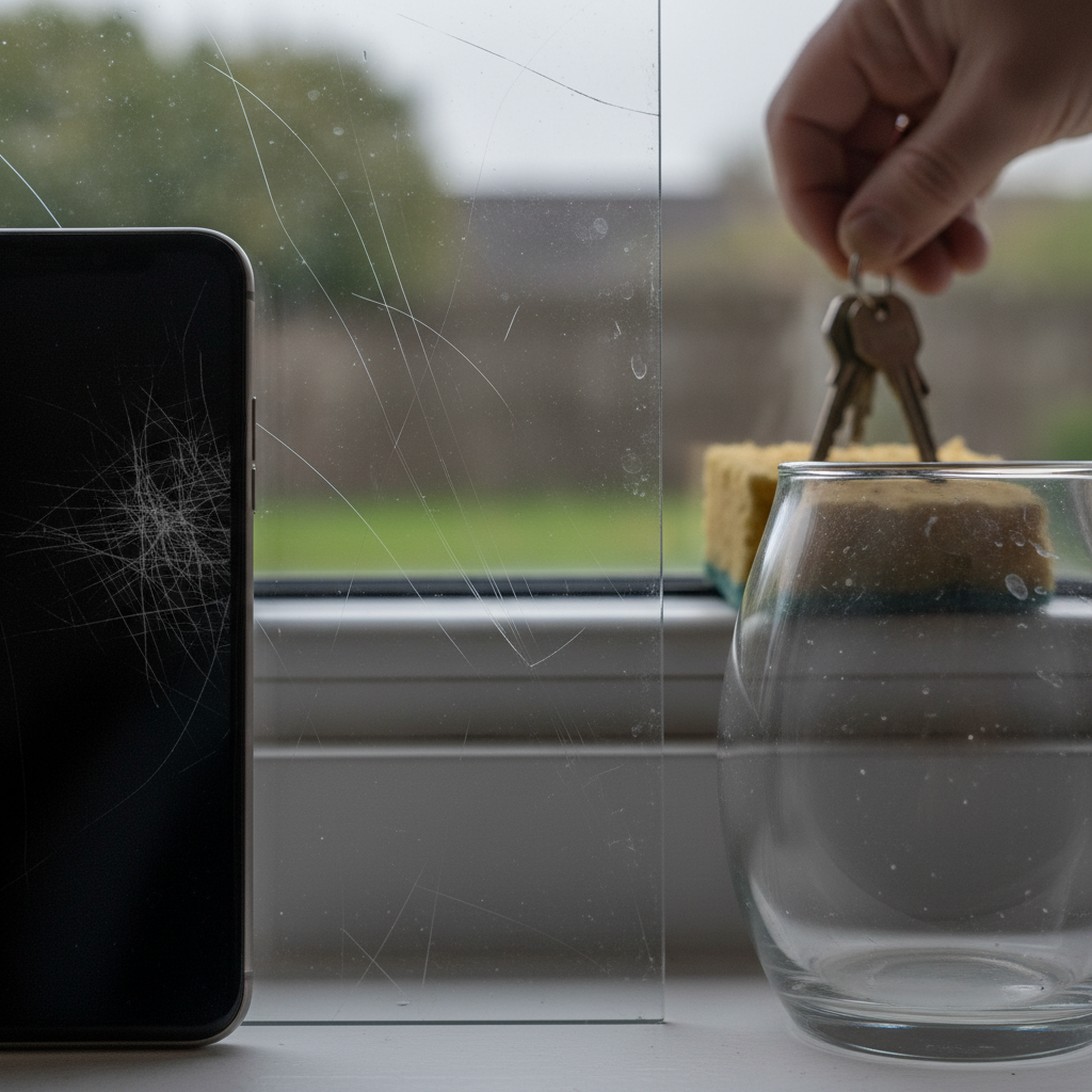 A vibrant, close-up professional photo showcasing various common glass items, each with visible scratches. On the left, a smartphone screen with fine hairline scratches, reflecting ambient light. In the center, a section of a window pane with longer, slightly deeper scratches. To the right, a small vase or a part of a glass table surface showing minor abrasions. A hand is subtly visible near the window, perhaps with a key or a rough sponge slightly out of focus in the background, hinting at common causes. The overall mood should be slightly muted to emphasize the imperfections, with focus on the glass textures.