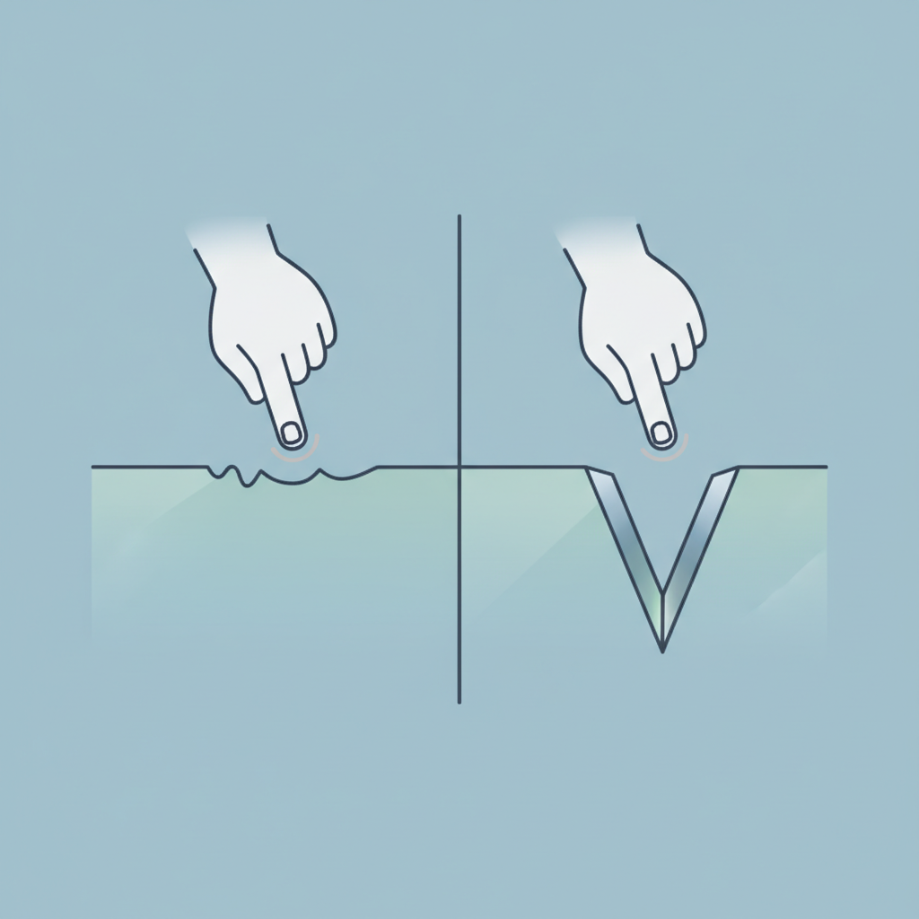 A clean, educational infographic-style illustration depicting the difference between superficial and deep glass scratches. The image should feature a magnified, cross-sectional view of a glass surface. On one side, a very shallow, fine 'hairline' indentation barely disturbing the surface. On the other side, a distinct, deeper 'V-shaped' groove clearly penetrating the glass. A subtle, generic hand icon with a fingernail is gently touching the surface above each scratch, visually representing the 'fingernail test' for depth assessment. Use a soft color palette for the glass and a clear, sharp line art style for the scratches.