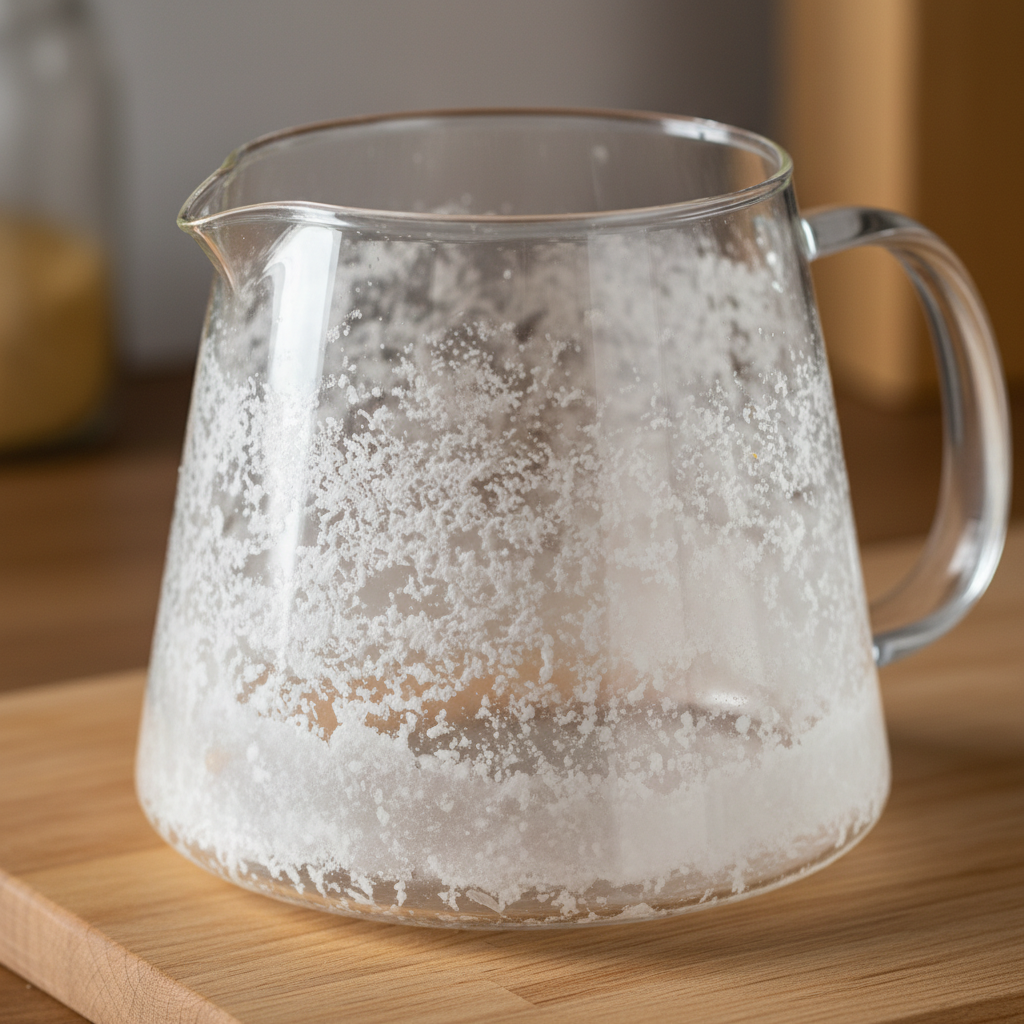 A close-up, high-definition professional photo of the interior of a glass carafe (like from a coffee maker or kettle). The glass walls and bottom are heavily encrusted with thick, white, and opaque limescale deposits, making the carafe appear cloudy and dull. The light catches the texture of the mineral buildup. The background is a slightly blurred, warm-toned kitchen counter, hinting at daily use. The focus is entirely on the unattractive and functional impairment caused by the limescale.