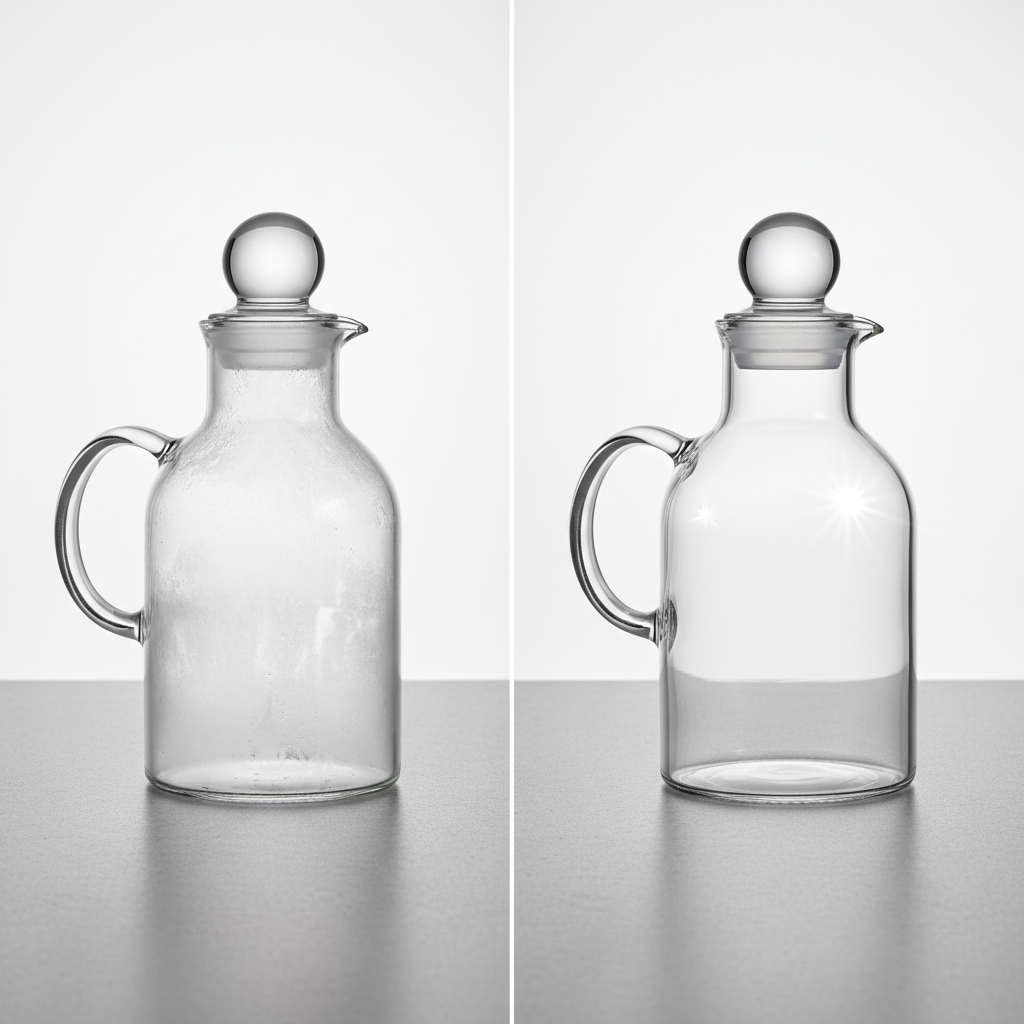 A side-by-side comparison in a clean, professional product photography style. On the left, a glass carafe is visibly cloudy and dull due to extensive white limescale buildup on its interior surfaces. On the right, an identical glass carafe is sparkling clean, completely transparent, and reflects light brilliantly, showcasing its pristine, polished clarity. Both carafes are empty and placed on a minimalist, light-colored surface, emphasizing the dramatic visual difference.