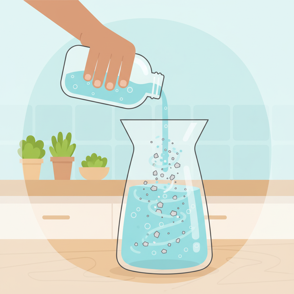 A vibrant, flat illustration depicting the descaling process in an accessible manner. A stylized hand holds a simple bottle from which a clear, bubbling liquid flows into a glass carafe. The carafe initially shows subtle, light grey limescale deposits on its inside. As the liquid enters, tiny, stylized 'limescale particles' are shown visibly detaching and dissolving, symbolizing the cleaning action. The background is a cheerful, minimalist kitchen counter.