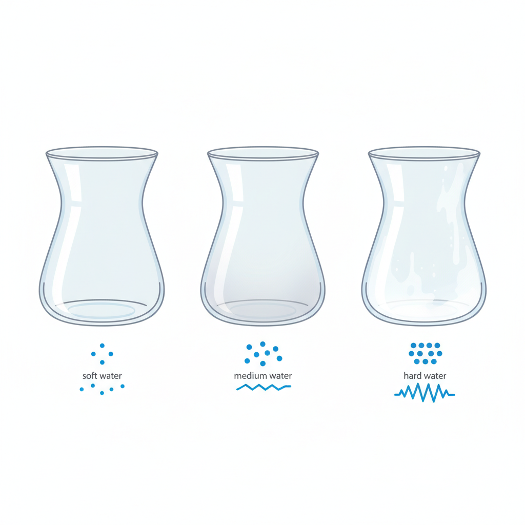 An infographic-style illustration visually explaining the impact of water hardness. The image features a progression of three identical, empty glass carafes. The first carafe is crystal clear, positioned above a small, abstract symbol representing 'soft water' (e.g., minimal scattered dots). The second carafe has a slight, barely visible haze, above a 'medium water' symbol (more scattered dots). The third carafe is noticeably cloudy with visible internal limescale, above a 'hard water' symbol (densely packed dots). The overall aesthetic is clean and explanatory.