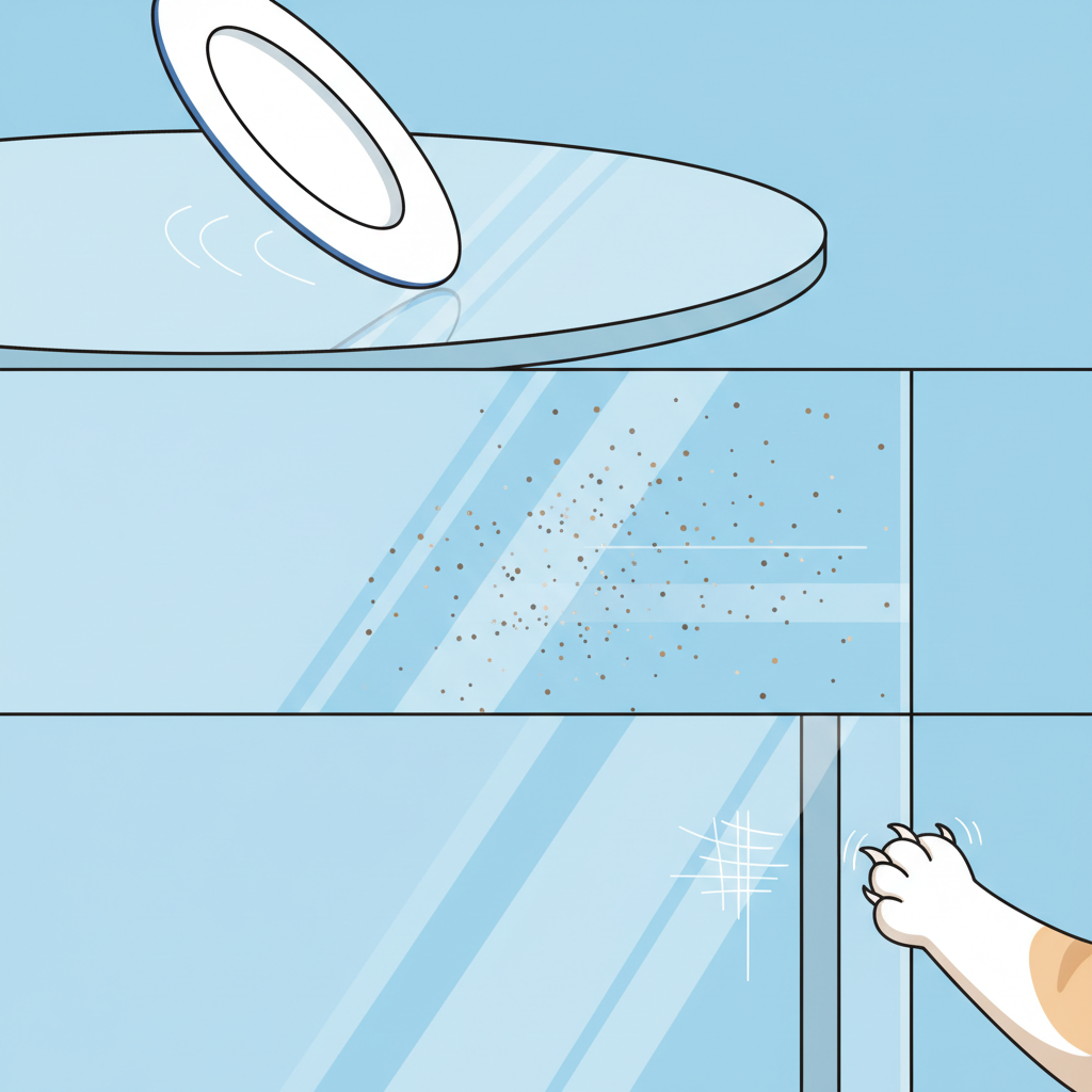 A vibrant flat illustration depicting various common causes of scratches on a glass surface. The image should be divided into sections, each showing a different scenario. One section could show a ceramic plate being carelessly pushed across a transparent tabletop. Another section features fine dust particles or sand grains visibly adhering to the glass, with a subtle indication of movement. A third section could show a pet's paw (like a cat's or dog's) briefly touching the glass, implying a potential scratch. The overall impression should be clear, clean, and easily understandable for a blog.