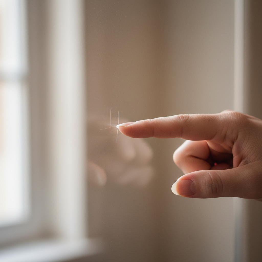 A close-up professional photo focusing on a hand gently testing the depth of a scratch on a pristine glass surface. The image should clearly show a well-manicured fingernail lightly touching a visible but subtle scratch. The glass itself should appear clean and reflective, highlighting the imperfection. The lighting should be soft but clear, emphasizing the tactile interaction and the scratch's texture. The visual should convey the careful assessment of the scratch's depth without needing any accompanying text, suitable for illustrating a 'fingernail test'.
