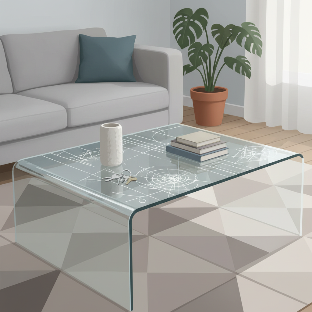 A visually striking flat illustration depicting a modern glass coffee table in a minimalist living room setting. The polished surface of the table has several distinct, fine scratches that catch the light, detracting from its elegance. Around the table, subtly integrated, are elements that represent common causes: a sleek ceramic vase, a small stack of books, and a set of keys, implying movement or placement that could cause damage. The overall mood is slightly marred perfection, highlighting the common issue addressed by the article.