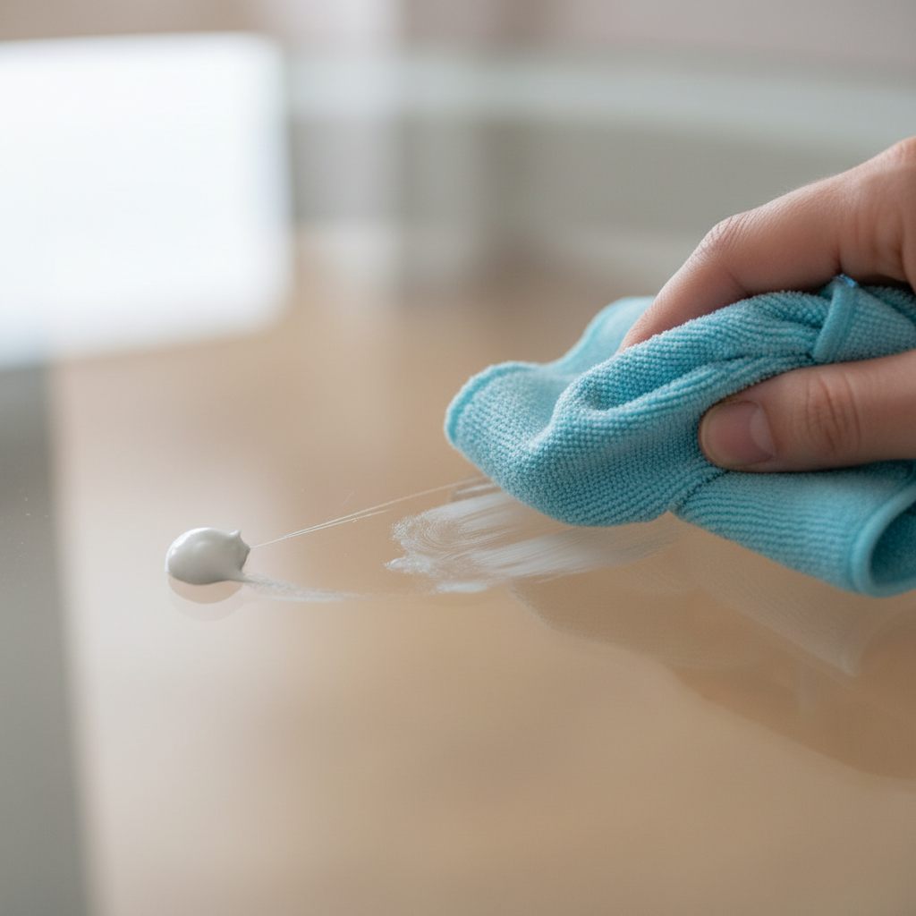 A detailed, close-up professional photograph from a slightly elevated angle, focusing on a section of a clear glass table. A fine, visible scratch runs across the glass. On one side of the scratch, a small, white blob of toothpaste sits on the glass. A soft, clean microfiber cloth is gently rubbing the toothpaste into the scratched area with a circular motion, showing the process of scratch removal. The background is softly blurred to keep the focus entirely on the glass, the scratch, toothpaste, and cloth. The image conveys a clean, effective DIY repair.