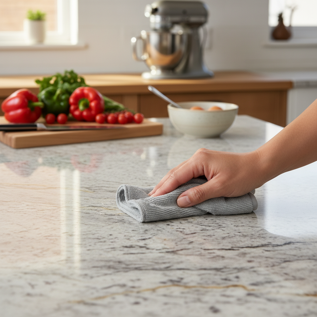 A professional photo of a modern kitchen scene. A bright, elegant granite countertop is sparkling clean, reflecting ambient light. A hand (diverse, neutral) gently wipes a small, barely visible water droplet with a soft microfiber cloth. In the background, fresh ingredients and cooking utensils are neatly arranged, suggesting an active yet pristine kitchen environment. Focus on the smooth, polished surface of the granite.