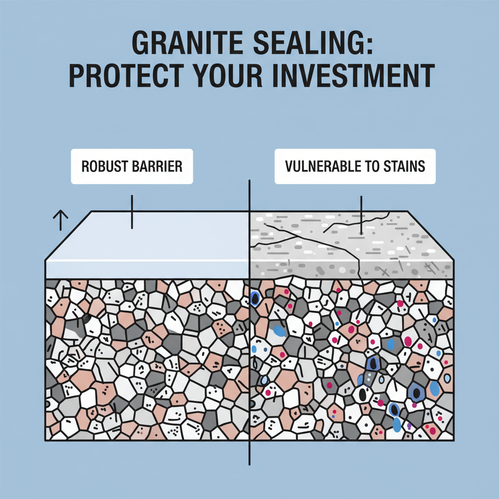 An infographic-style illustration depicting the internal structure of granite. On one side, show a cross-section of a perfectly sealed and maintained granite surface with tightly packed, impermeable pores. On the other side, show a damaged or unsealed granite surface with larger, visible pores where liquids (represented by small dots) are starting to penetrate. Use subtle arrows and labels to highlight 'robust barrier' vs. 'vulnerable to stains'. Stylized, clean lines and clear distinctions.