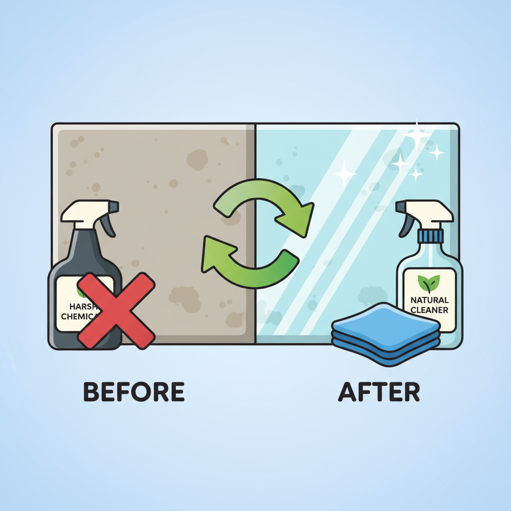 A creative symbolic flat illustration showing the transformation of a granite countertop. On the left, a dull, slightly stained granite surface is depicted with a crossed-out bottle of harsh chemicals next to it. On the right, the same granite surface is gleaming, reflecting light, with a clean microfiber cloth and a mild, natural cleaning spray bottle (with a leaf icon) next to it. A bright, positive color palette emphasizes the 'before and after' effect.