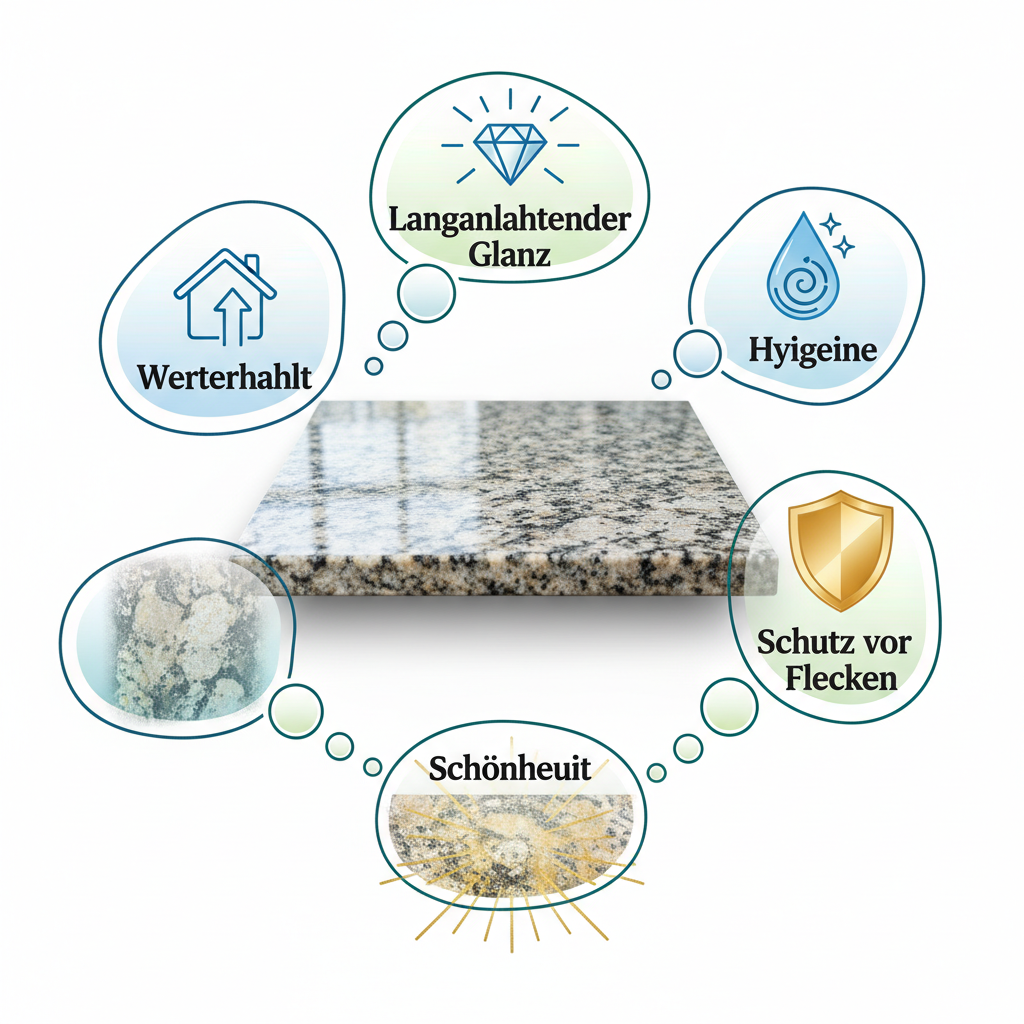 A vibrant, detailed illustration showcasing the benefits of a well-maintained granite countertop. The central image is a perfectly clean and shining granite surface. Around it, in interconnected thought bubbles or icons, are illustrations representing: 'Langanhaltender Glanz' (a sparkling diamond icon), 'Hygiene' (a water droplet with a 'clean' symbol), 'Schutz vor Flecken' (a shield protecting a liquid drop), 'Werterhalt' (a house icon with an upward arrow), and 'Schönheit' (stylized granite pattern with radiating glow). Use a dynamic, appealing art style with clear, readable icons.