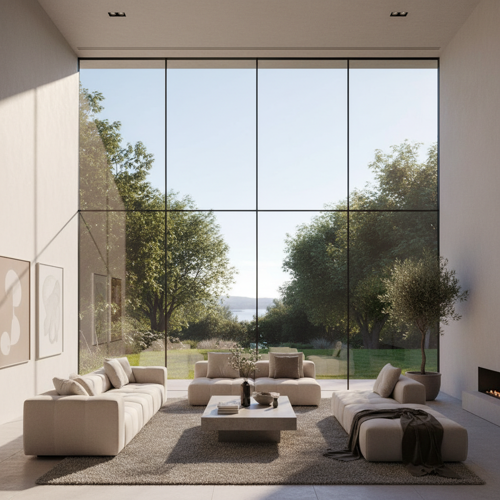 A professional photo of a modern, sun-drenched living room with expansive, sparkling clean windows showcasing a beautiful outdoor view. The light is bright and warm, emphasizing the crystal-clear glass, making the room appear inviting and airy. No streaks or smudges are visible whatsoever. This image should convey a sense of calm and cleanliness.