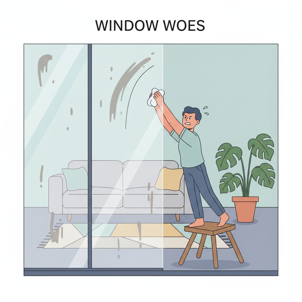 A flat illustration depicting the common frustrations of cleaning large windows. Show a stylized figure (gender-neutral) on a wobbly stool, reaching awkwardly with a small, ineffective cloth, leaving noticeable streaks and drips on a huge windowpane. The background should subtly hint at a modern home, with elements like a sofa or plant, emphasizing the scale of the window problem. Use a slightly exasperated facial expression for the figure.
