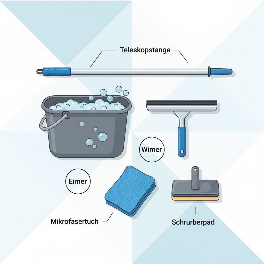An infographic-style illustration detailing essential tools for cleaning large windows. Show a neatly arranged collection of items: a high-quality window squeegee with a rubber blade, a bucket with soapy water, a microfiber cloth, a scrubbing pad, and a telescoping pole. Each item should have a small, clear label in German (e.g., 'Fensterwischer', 'Eimer', 'Mikrofasertuch'). The background should be clean and minimalist, allowing the tools to stand out.
