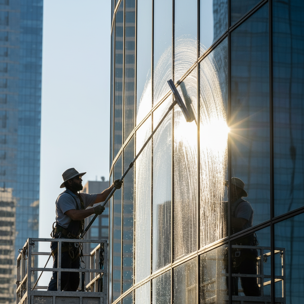 A dynamic, action-oriented photo of a person (from a neutral perspective, not showing facial features clearly) expertly using a large window squeegee with a telescoping pole on a tall, modern window. The squeegee is in motion, leaving a perfectly streak-free path behind it. Sunlight should be glinting off the clean glass, highlighting the effectiveness of the technique. The overall impression should be one of efficiency and ease.