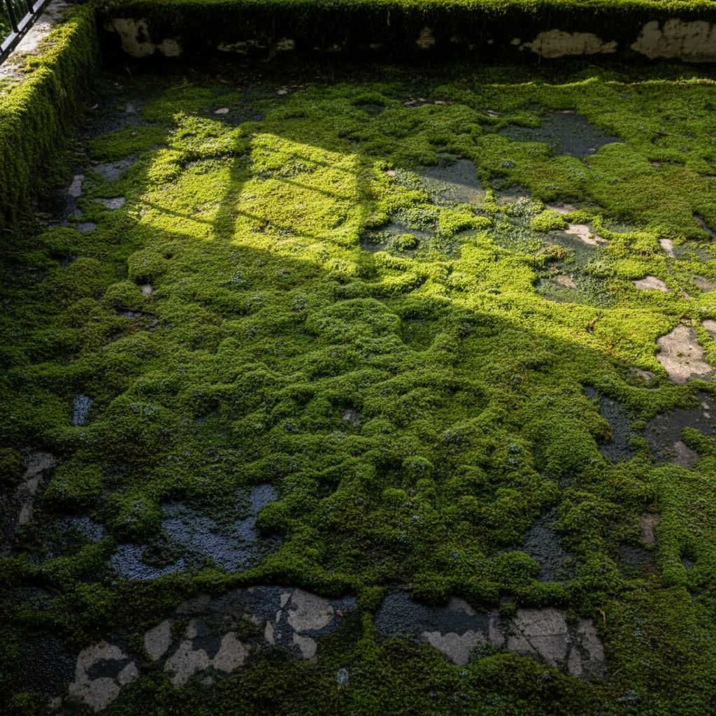 A professional photo of a neglected balcony floor, heavily covered in vibrant green moss and algae, making the surface appear dark and damp. Focus on the texture of the green growth clinging to concrete or stone tiles, with a hint of dappled sunlight indicating a shaded area. The scene should convey a sense of unkemptness and potential slipperiness, showcasing the primary problem described in the article.