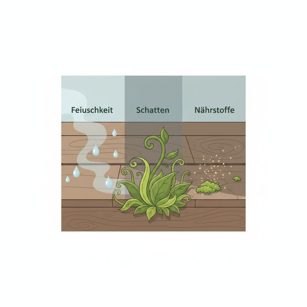An infographic-style illustration depicting the environmental factors contributing to green growth on a balcony. Show a section of a balcony floor, with subtle visual cues like raindrops or mist representing 'Feuchtigkeit', a shadow cast by an unseen object for 'Schatten', and small particles like dust or pollen for 'Nährstoffe'. Use muted, earthy tones with the green growth standing out as the result.