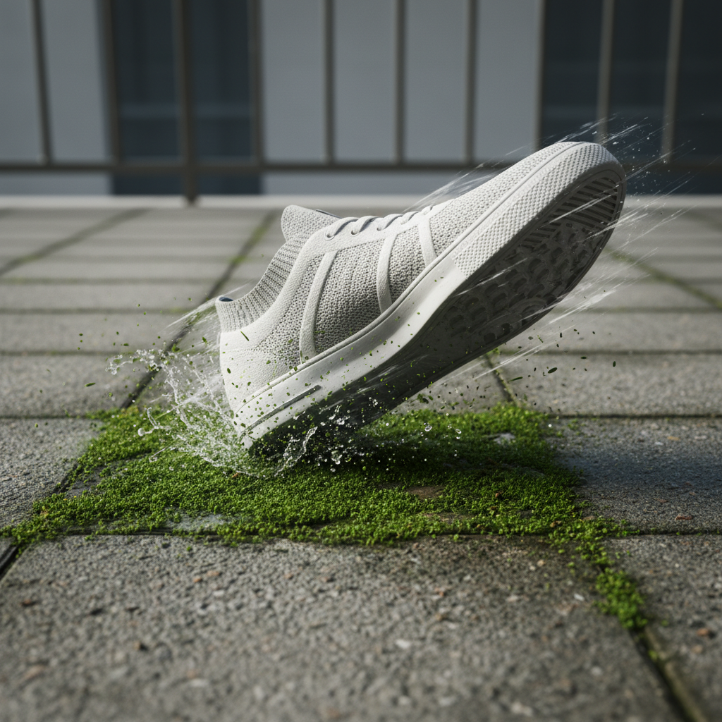 A close-up, realistic illustration of a shoe (like a sneaker or sandal) just beginning to slip on a patch of wet, dense green moss covering a stone or concrete balcony tile. The image should capture the dynamic moment of losing footing, emphasizing the extreme slipperiness and inherent danger of the Grünbelag. The style should be slightly dramatic to highlight the safety concern.