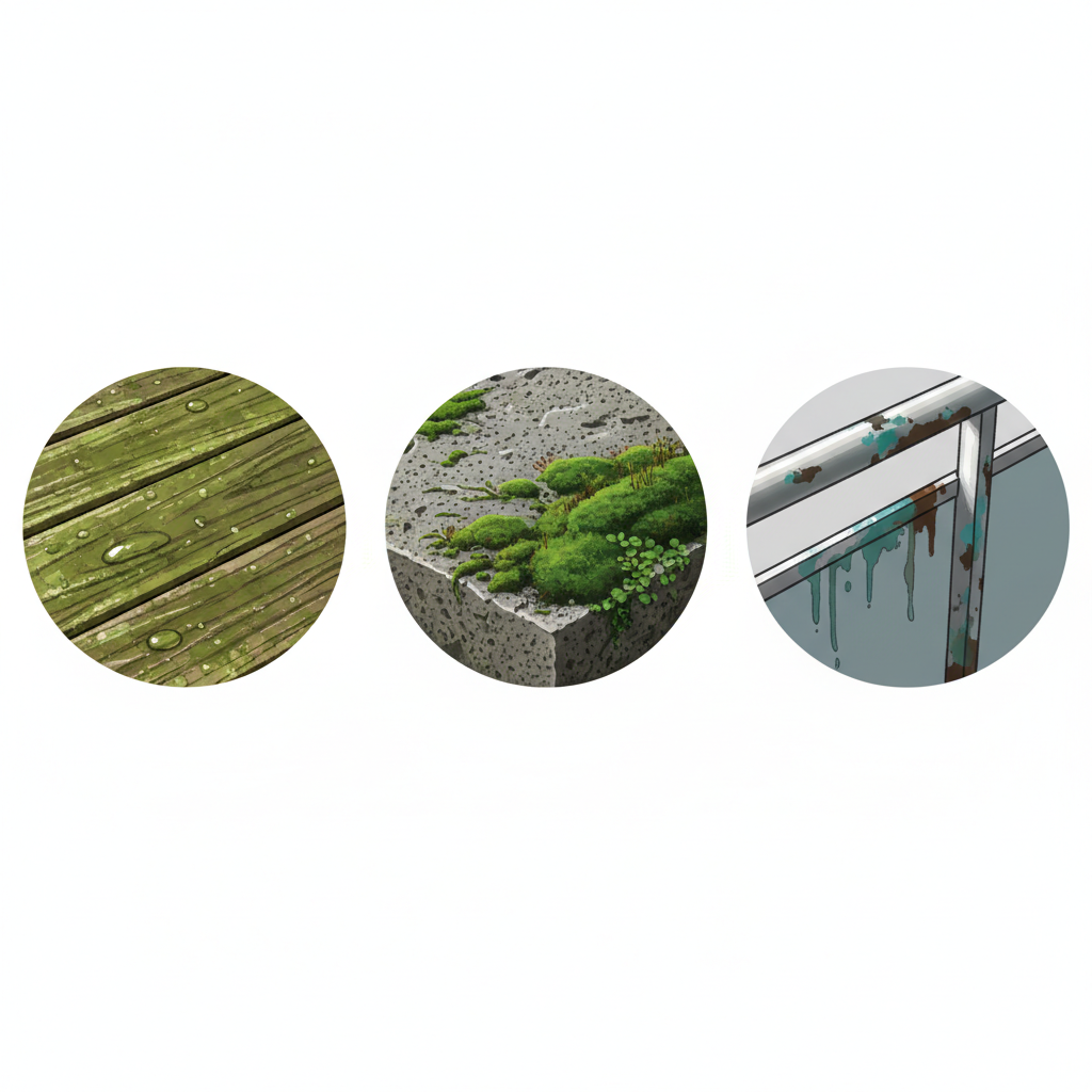 A clean, illustrative montage showcasing various balcony surfaces affected by green growth. Include distinct sections or vignettes: one showing green algae on rough wooden decking, another with moss clinging to a porous stone slab, and a third demonstrating discoloration on a metallic railing. The overall aesthetic should be clear and informative, highlighting the diversity of affected materials.