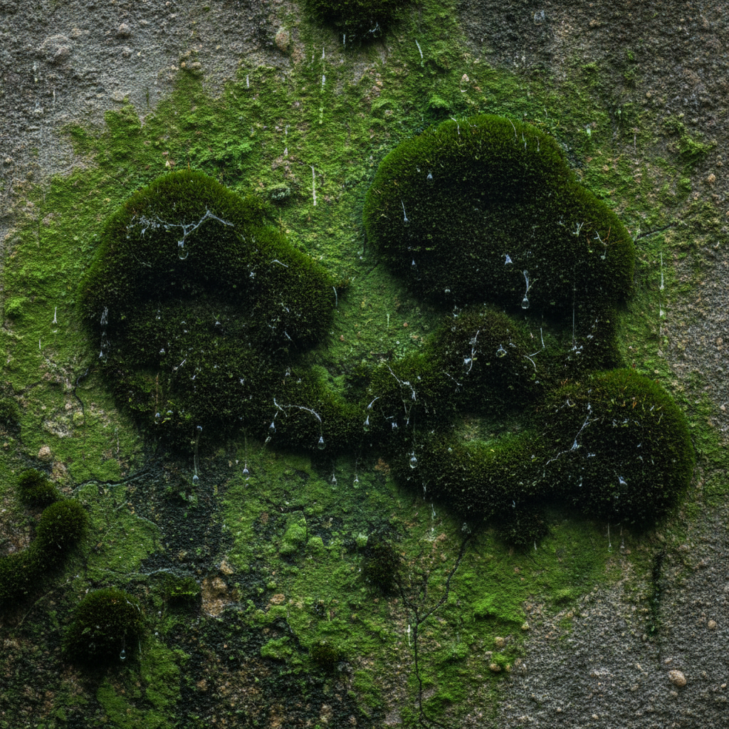 A close-up, high-detail shot of a weathered house facade heavily infested with vibrant green algae and patches of dark, velvety moss. Water droplets are visible on the damp surface, reflecting a moist environment. Subtle hairline cracks appear through the discolored plaster, suggesting the impact of long-term moisture retention and neglect. The scene conveys a sense of pervasive organic growth on a building exterior. Style: Professional photo realism, rich textures, slightly moody lighting to emphasize dampness.