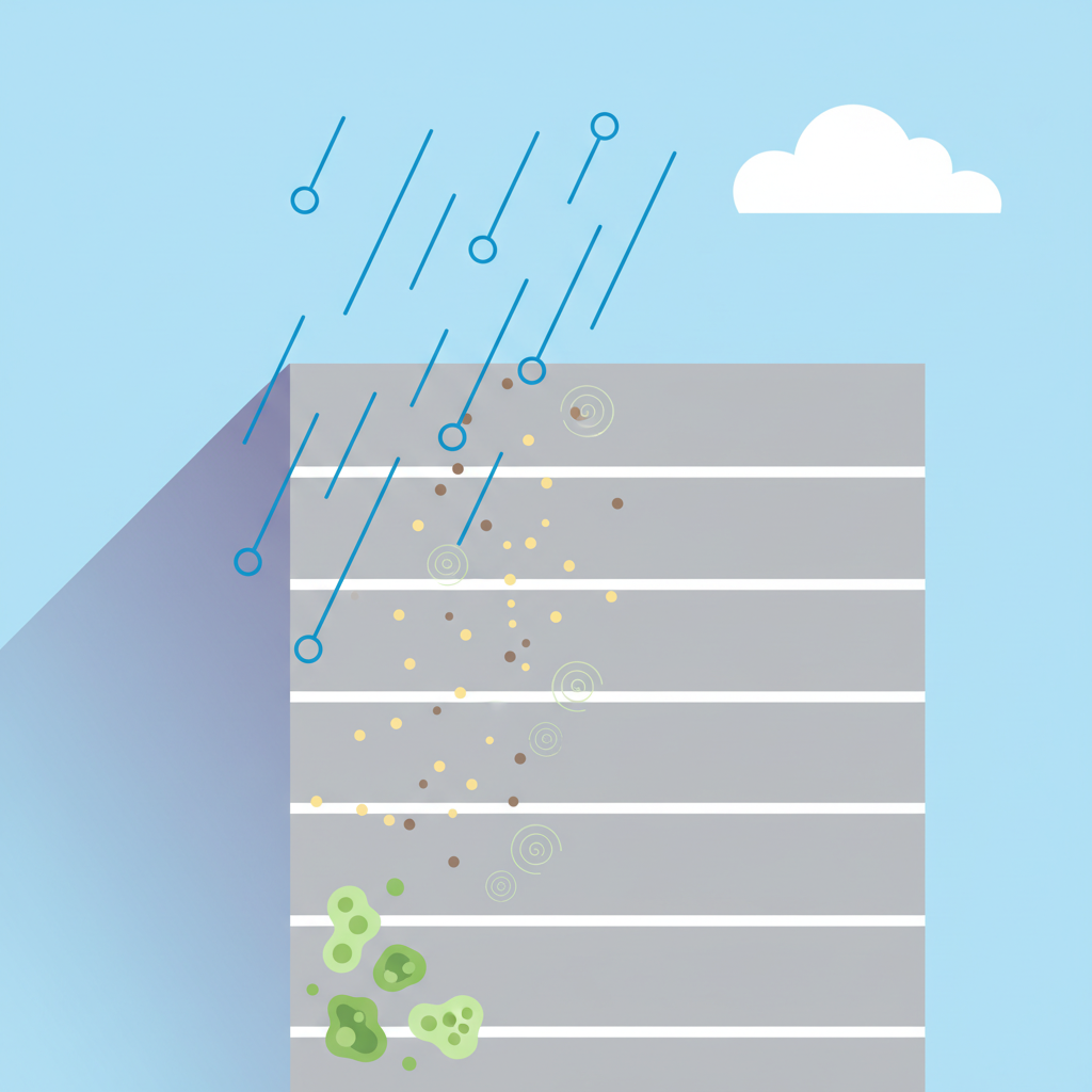 A clean, infographic-style illustration depicting a simplified house wall section from an exterior perspective. Stylized environmental elements surround it: rain falling onto the wall, a large, subtle shadow indicating a north-facing side, and tiny, abstract particles representing dust and pollen settling on the surface. Small, developing green patches of algae and moss are shown forming on the wall where these elements converge. Style: Flat illustration, minimalist design with clear visual cues and a bright, approachable color palette.