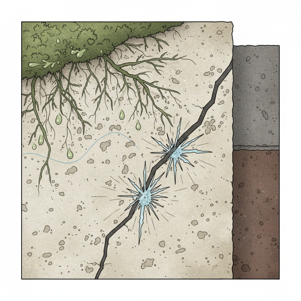 A detailed, illustrative cross-section of a house wall, focusing on the microscopic interaction of moisture and organic growth. Visible are layers of plaster or render, with tiny roots or hyphae from algae and moss penetrating the porous surface. Alongside, small ice crystals are depicted forming within a minute crack in the material, subtly expanding and causing stress, symbolizing frost damage. The image emphasizes the structural threat from moisture-retaining greenbelag. Style: Detailed scientific illustration, diagrammatic, earthy tones with accent greens and blues for water/ice.
