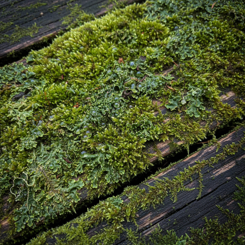 A close-up, eye-level professional photo capturing a weathered wooden garden step or deck plank. The surface is heavily obscured by a thick, vibrant green layer of algae, moss, and possibly some lichen, indicating significant grünbelag. Small water droplets glisten on the green growth, highlighting its damp nature. The wood underneath, where barely visible, appears dark and slightly decayed, conveying the damaging effect of the persistent moisture and organisms. The overall scene is slightly shadowed, enhancing the sense of a neglected, damp outdoor environment.