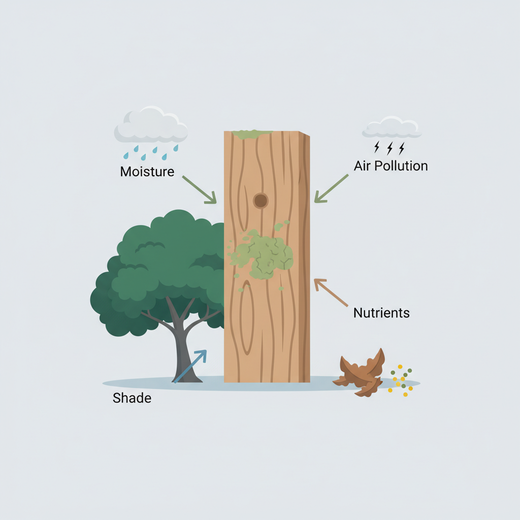An infographic-style flat illustration depicting the environmental factors that encourage grünbelag on wood. A stylized wooden fence post or section of a deck stands centrally. Multiple arrows point towards the wood: one from a stylized rain cloud (representing moisture), another from a large, leafy tree casting a shadow (representing shade), a third from a small pile of fallen leaves or pollen (representing nutrients), and a fourth from a subtle, wispy cloud representing air pollution. A faint green film visibly clings to the wood surface, subtly illustrating the outcome of these combined factors.