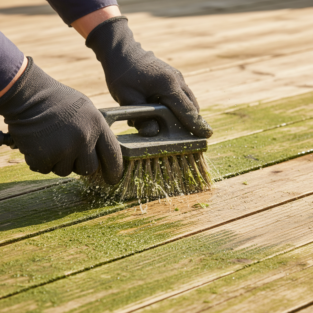 A dynamic, professional photo showcasing the mechanical removal of grünbelag from a wooden surface. Hands, wearing practical, textured work gloves, are firmly grasping a stiff-bristled scrubbing brush (not metal). The brush is in motion, actively scrubbing a section of a visibly green-covered wooden deck plank. Water splashes lightly around the brush bristles as they work, and a clear line of cleaner, lighter wood is emerging from beneath the receding green layer. The sunlight illuminates the effort, highlighting the texture of the wood and the effectiveness of the scrubbing action.