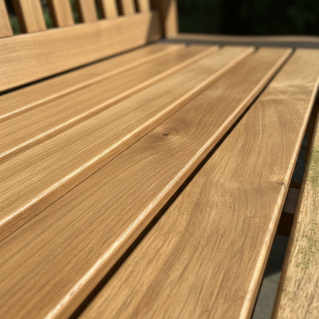 A bright, professional photo of a perfectly cleaned, natural wooden terrace deck or a section of a garden bench, completely free of any green growth. The wood grain is beautifully visible, appearing warm, natural, and well-maintained. A subtle, soft sunlight casts gentle shadows, emphasizing the smooth, clean texture of the wood. In the very distant background, or just at the edge of the frame, a tiny hint of an uncleaned, green-tinged wooden surface could subtly imply the 'before' state, without being a split image. The overall impression is one of freshness and successful restoration.