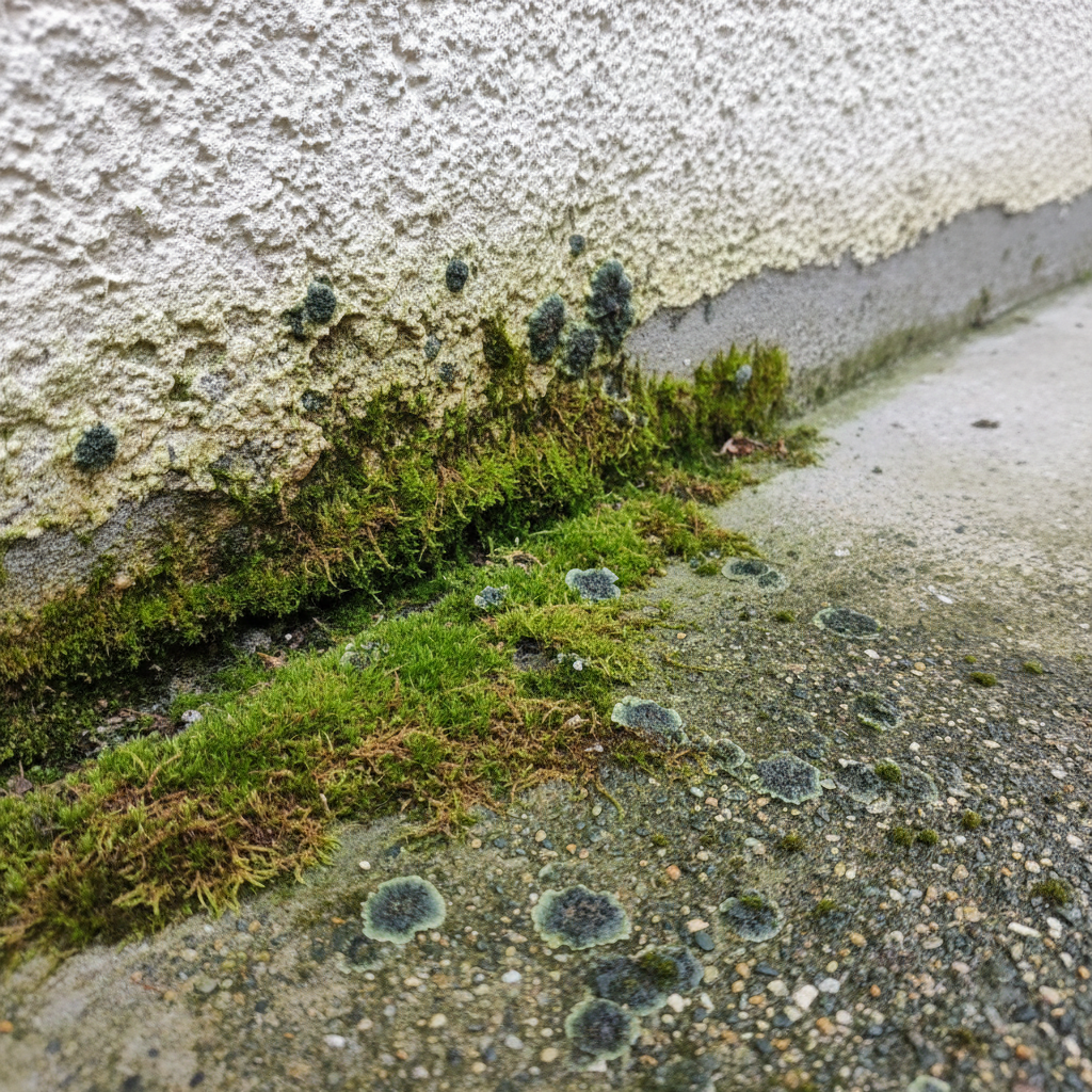 A close-up professional photo of a house corner where a light-colored stucco facade meets a grey concrete terrace slab. Both surfaces are partially covered with distinct, vibrant patches of green algae, moss, and a few dark lichens, creating a slightly damp and neglected appearance. The texture of the green growth should be clearly visible, contrasting with the cleaner parts of the building materials.