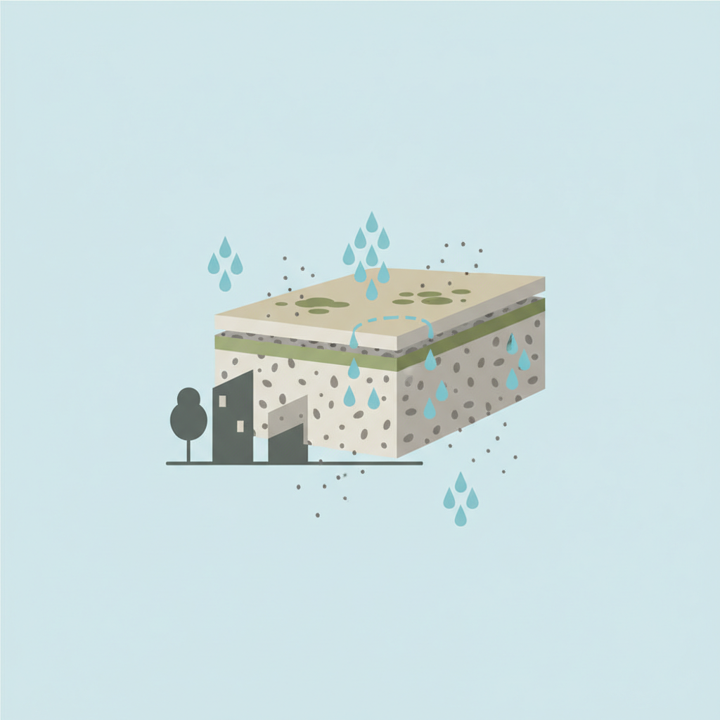 A flat illustration in an infographic style showing a cross-section of a house wall or terrace slab. Stylized elements around it represent the causes of green growth: light blue droplets indicating moisture, a shadow cast by a simplified tree or building, and tiny, abstract grey particles symbolizing airborne nutrients or dust settling on the porous surface.