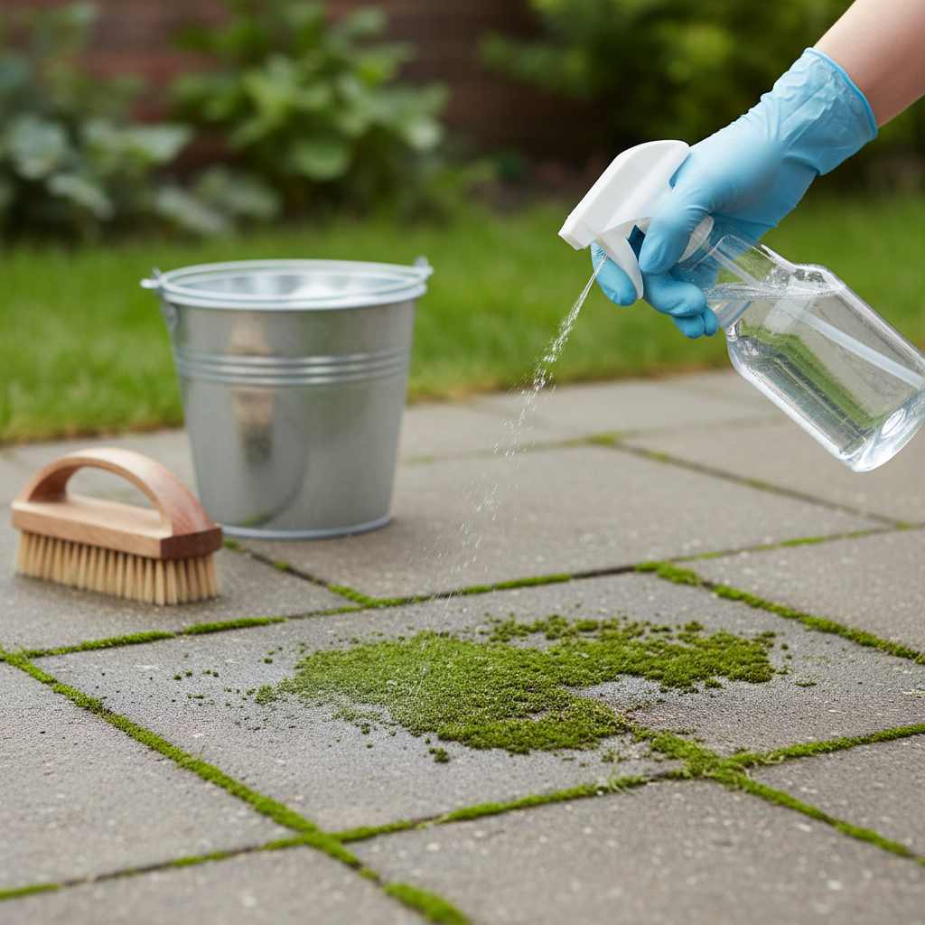 A bright, professional photograph of gloved hands actively spraying a clear liquid from a simple spray bottle onto a patch of green algae and moss covering a textured outdoor surface, like a stone patio tile or a part of a low garden wall. A scrubbing brush and a bucket of water are visible in the soft background, implying the next steps of the cleaning process.
