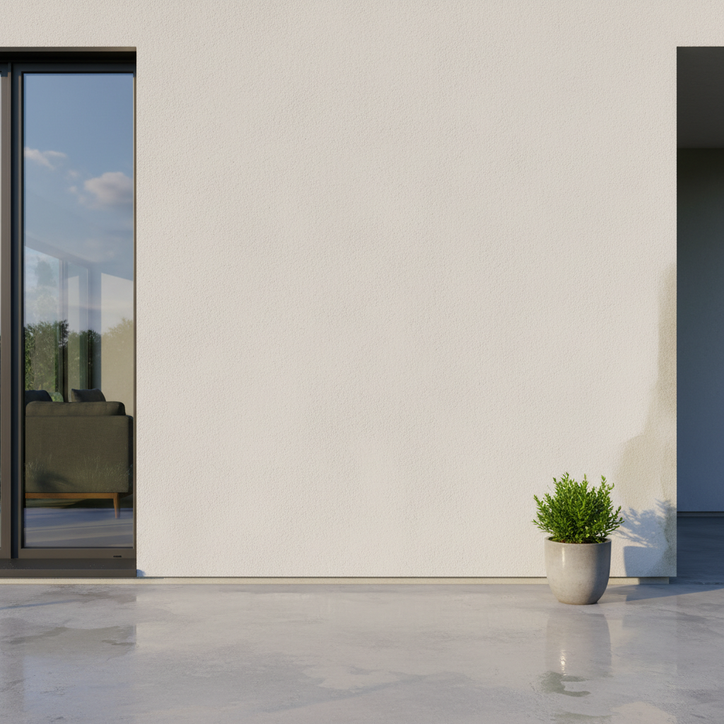 A high-quality, aesthetically pleasing photograph showcasing a freshly cleaned section of a house facade made of light-colored rendering or a smooth, grey terrace. The surface is completely free of any green growth, looking visibly brighter, well-maintained, and pristine. Gentle sunlight highlights the clean texture, emphasizing the renewed appearance of the outdoor surface.