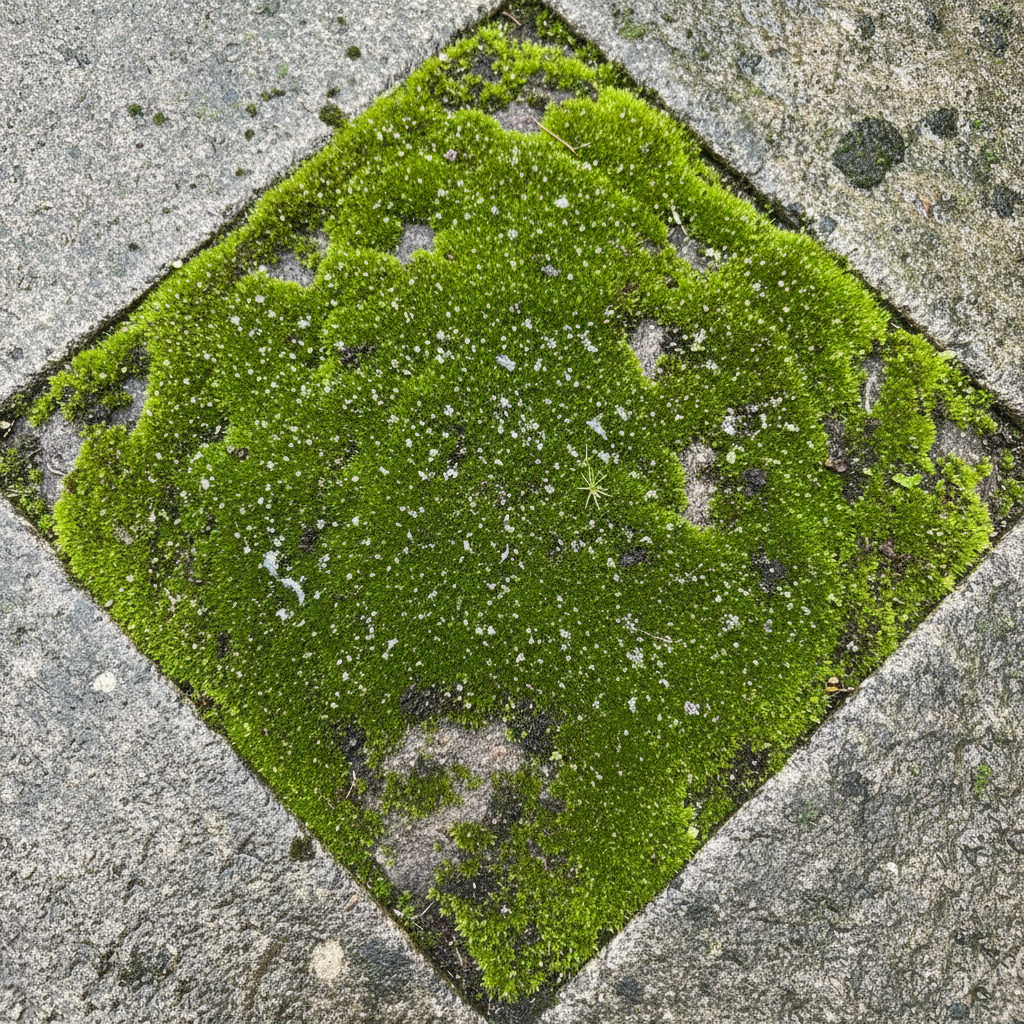 A close-up, slightly elevated view of a stone patio slab or garden path heavily covered in a vibrant, slightly slimy green moss and algae. Droplets of dew or moisture are visible, highlighting the damp conditions that promote growth. The texture of the rough stone is visible beneath the thick green layer, emphasizing the problem. The scene should convey a sense of neglect and the need for cleaning. Professional photo style with natural lighting.